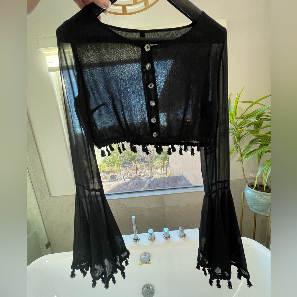 EUC Rare Vintage Dolce & Gabbana Sheer Black Top w/Tassels & Bell Sleeves IT 42 - Picture 7 of 13
